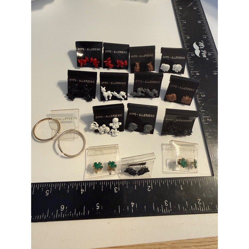 14 Pair Hypoallergenic Earring Lot Animal Studs Hoops Elephants Owls Shamrocks